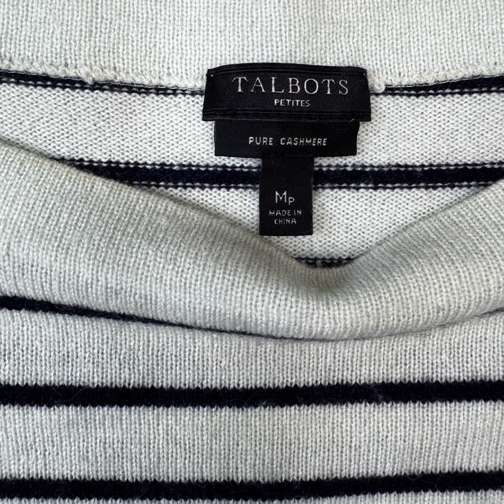 Talbots Striped 100%Cashmere Crewneck Sweater in White, Light Blue, Teal - Picture 2 of 5